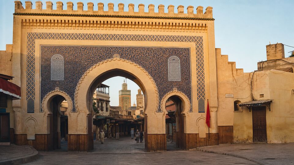 Ворота Bab Boujloud в Фесе, синий зеллидж на арке, зелёный минарет Бу-Инании за ними