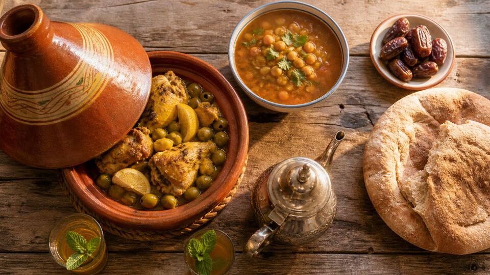 Тажин с курицей, лимоном и оливками, харира, хлеб хубз, серебряный чайник и мятный чай на деревянном столе