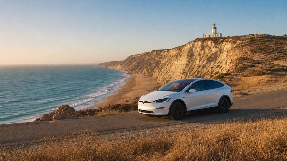 Белая Tesla Model X на прибрежной дороге между Сафи и Уалидией: меловые обрывы, маяк Cap Beddouza, Атлантика в вечернем свете